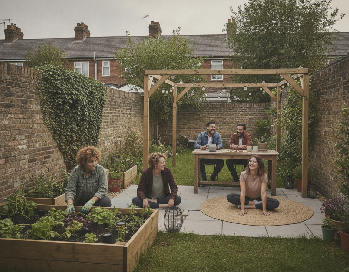 A group of friends spending time in the garden space they upgraded
